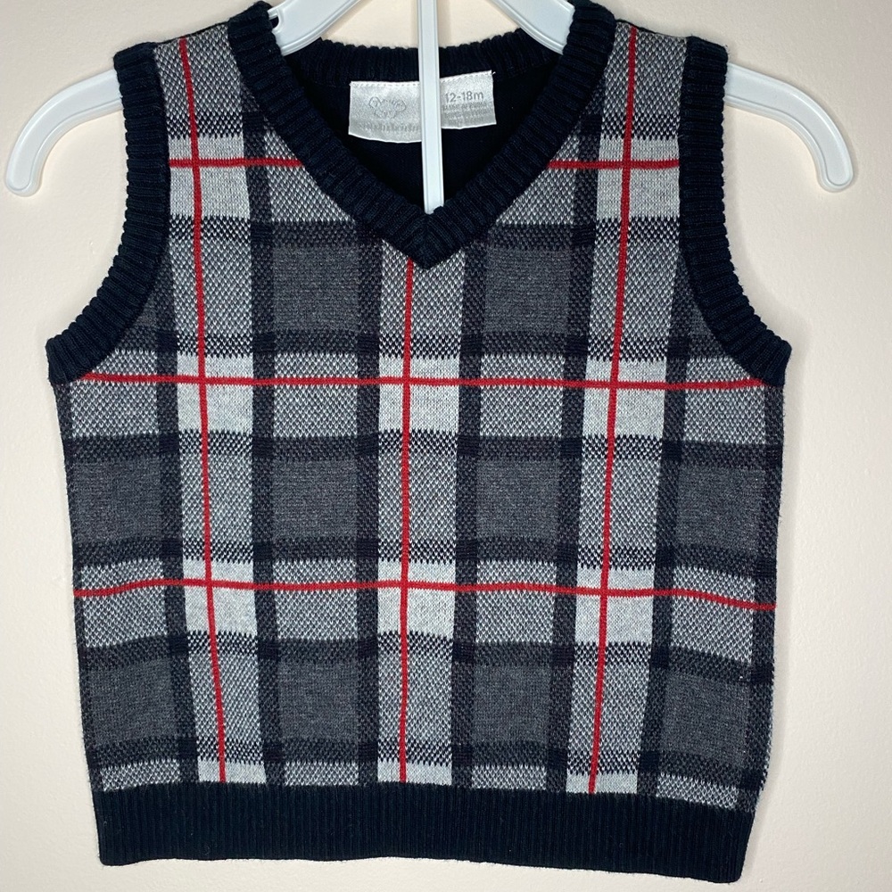 Koala Kids black, red, and grey plaid sweater vest in size 12-18 month